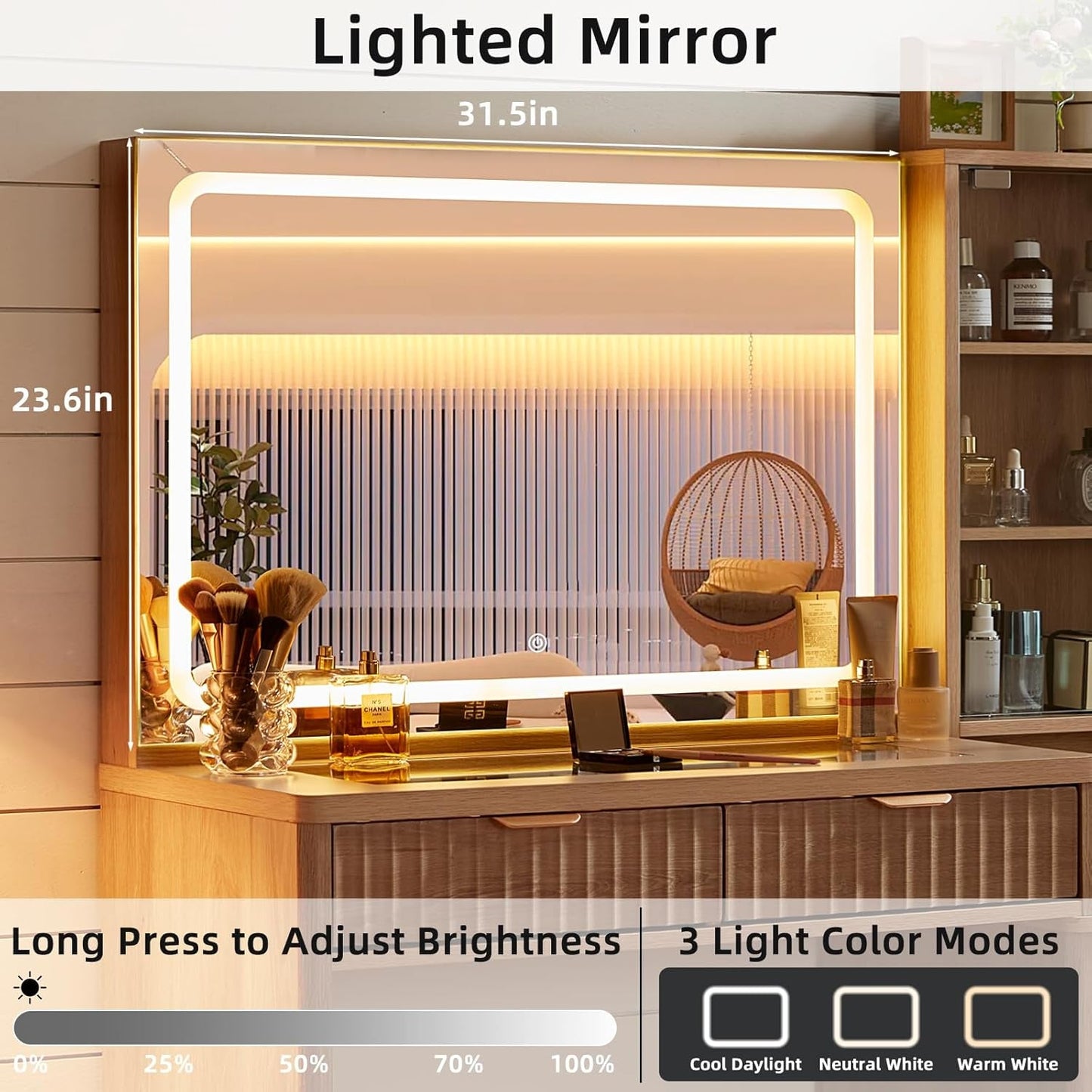 Fluted Makeup Vanity 43.5 Inch With Generous Mirror
