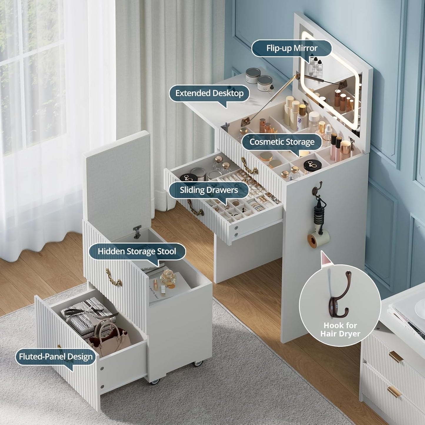 White Compact Vanity With Flip Mirror Illumination