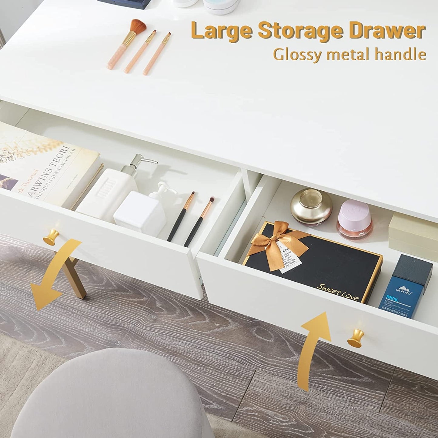 White And Gold Vanity Desk With Drawers For Bedroom