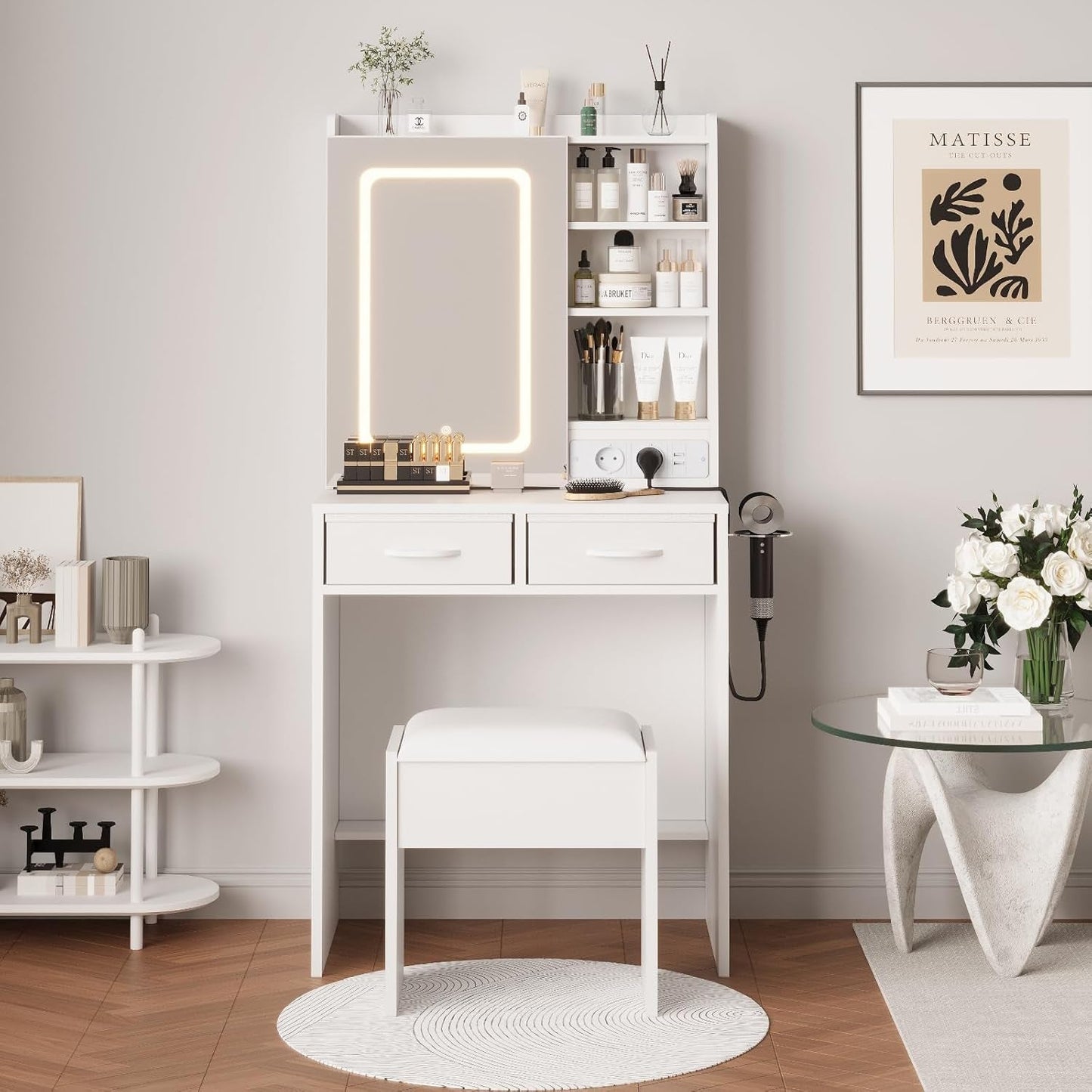 White Vanity Desk Featuring Illuminated Mirror Outlets