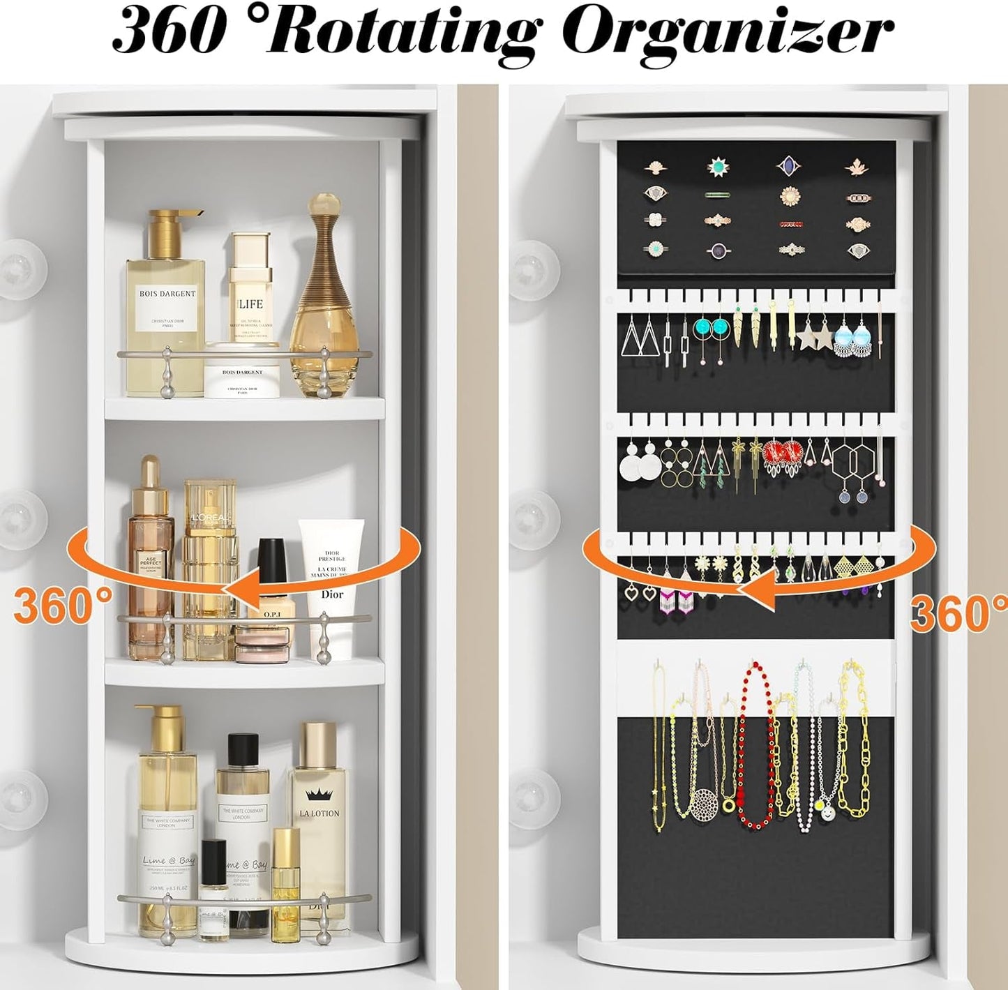 White Vanity Desk Featuring Rotating Jewelry Organizer