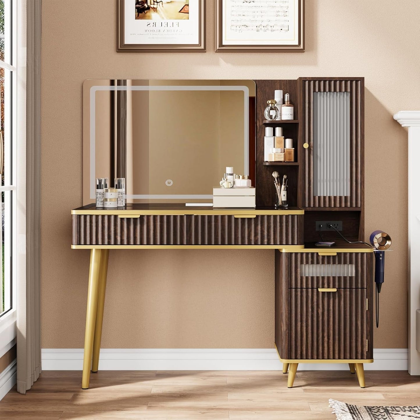 48 Inch Vanity Desk With Mirror Led Lights And Charging Station