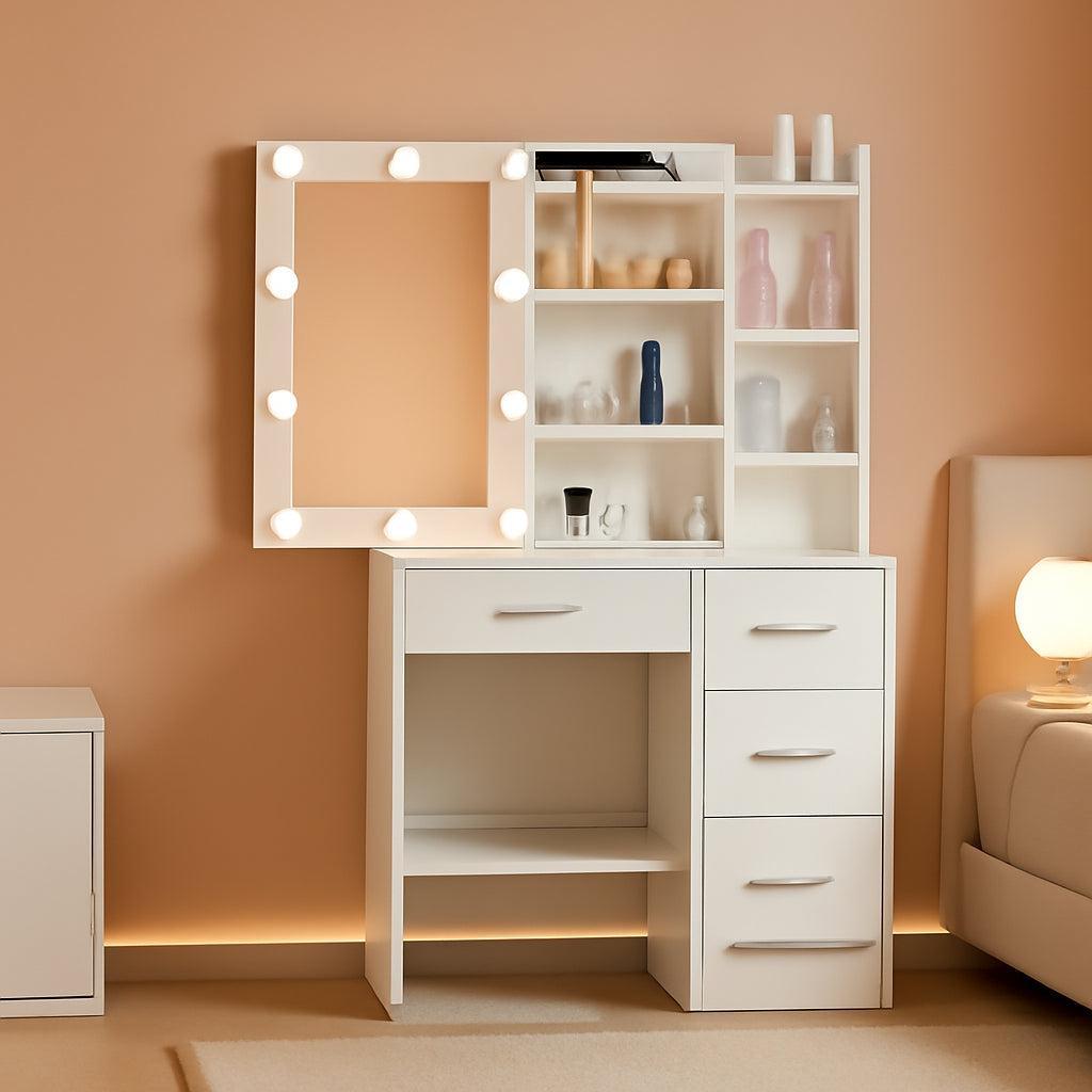 White Vanity Desk With Integrated Illuminated Mirror