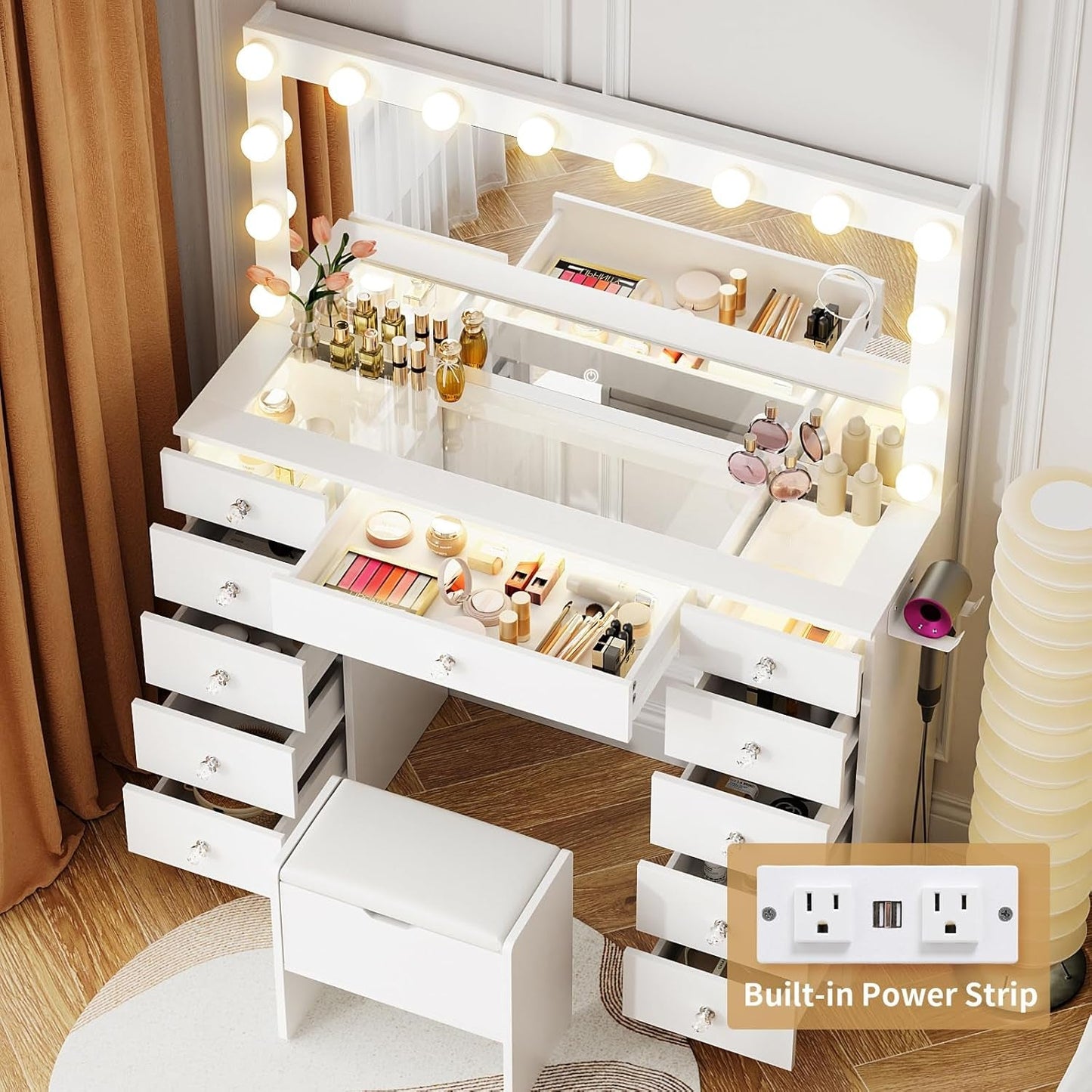 White Makeup Vanity With Illuminated Mirror Drawers