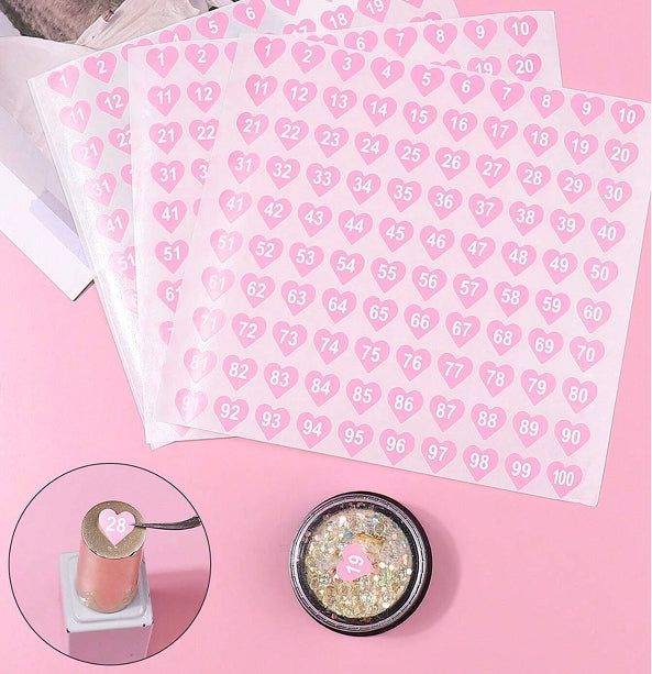 Nail Number Stickers for Gel Polish and Swatches - Pink Heart, 2pcs (1–100)