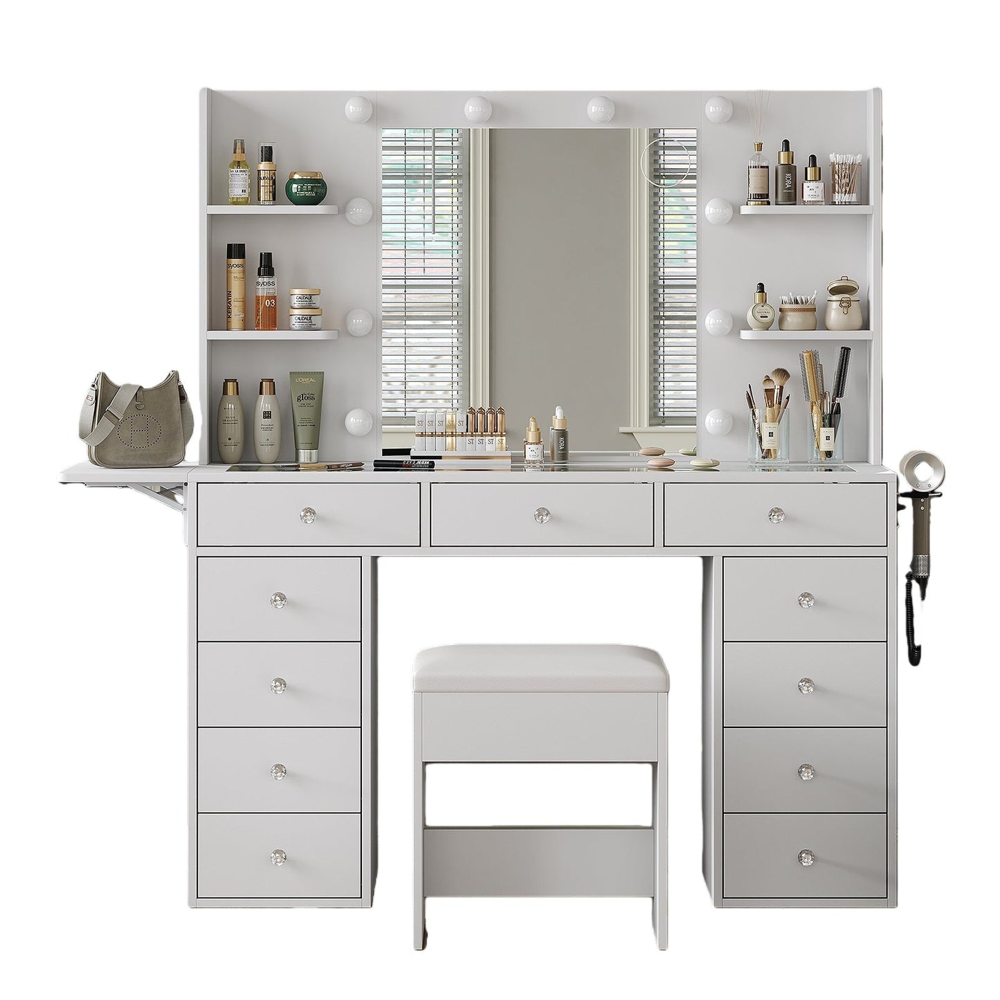 11-Drawer LED Mirror Vanity Desk - Vektaya