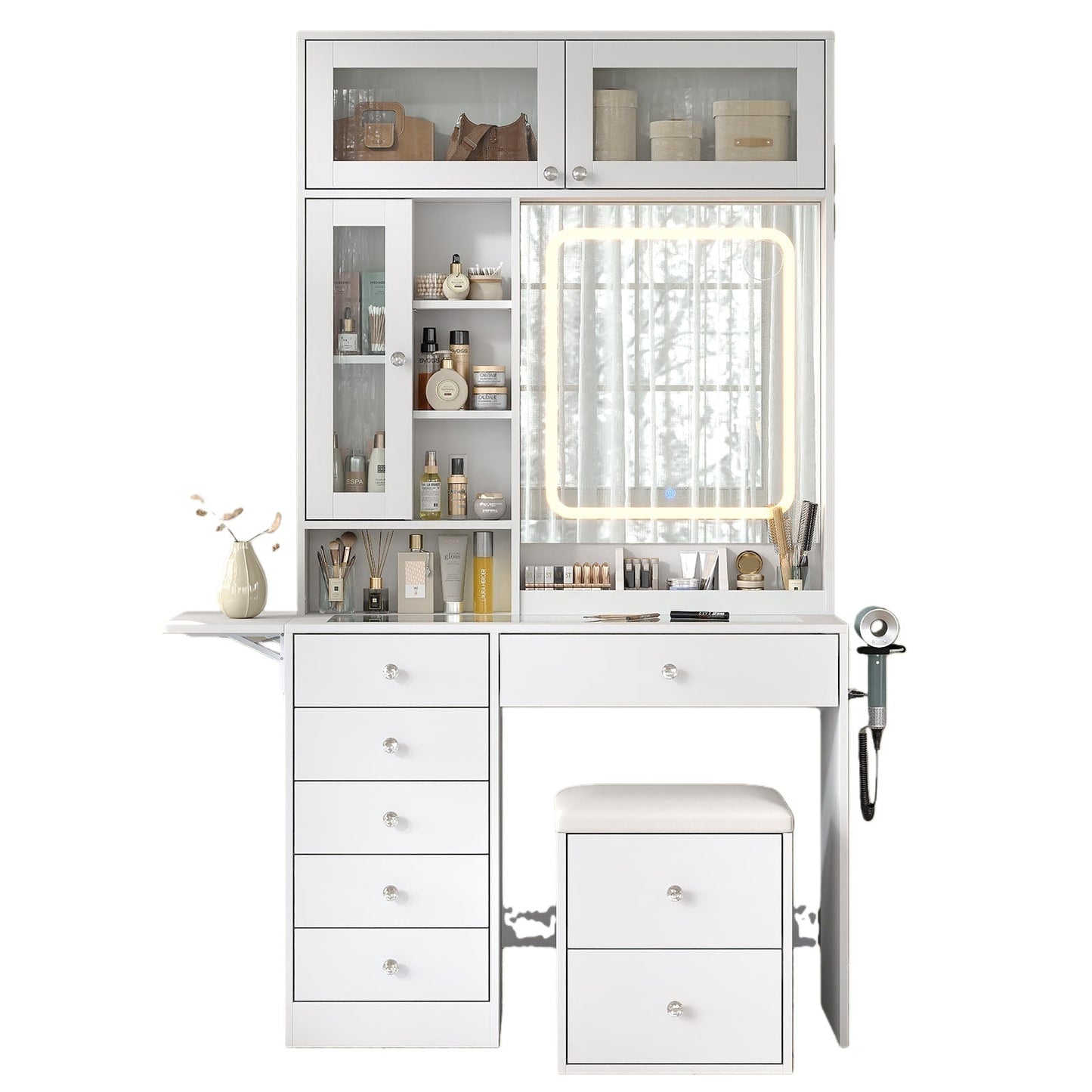 LED Mirror Vanity Desk with Stool White - Vektaya