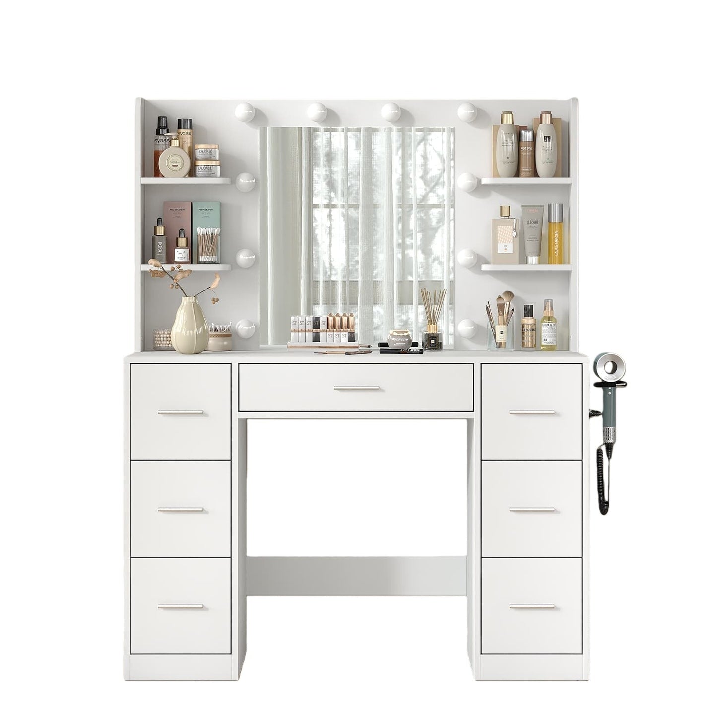 7-Drawer LED Mirror Vanity Desk with Charging Station - Vektaya
