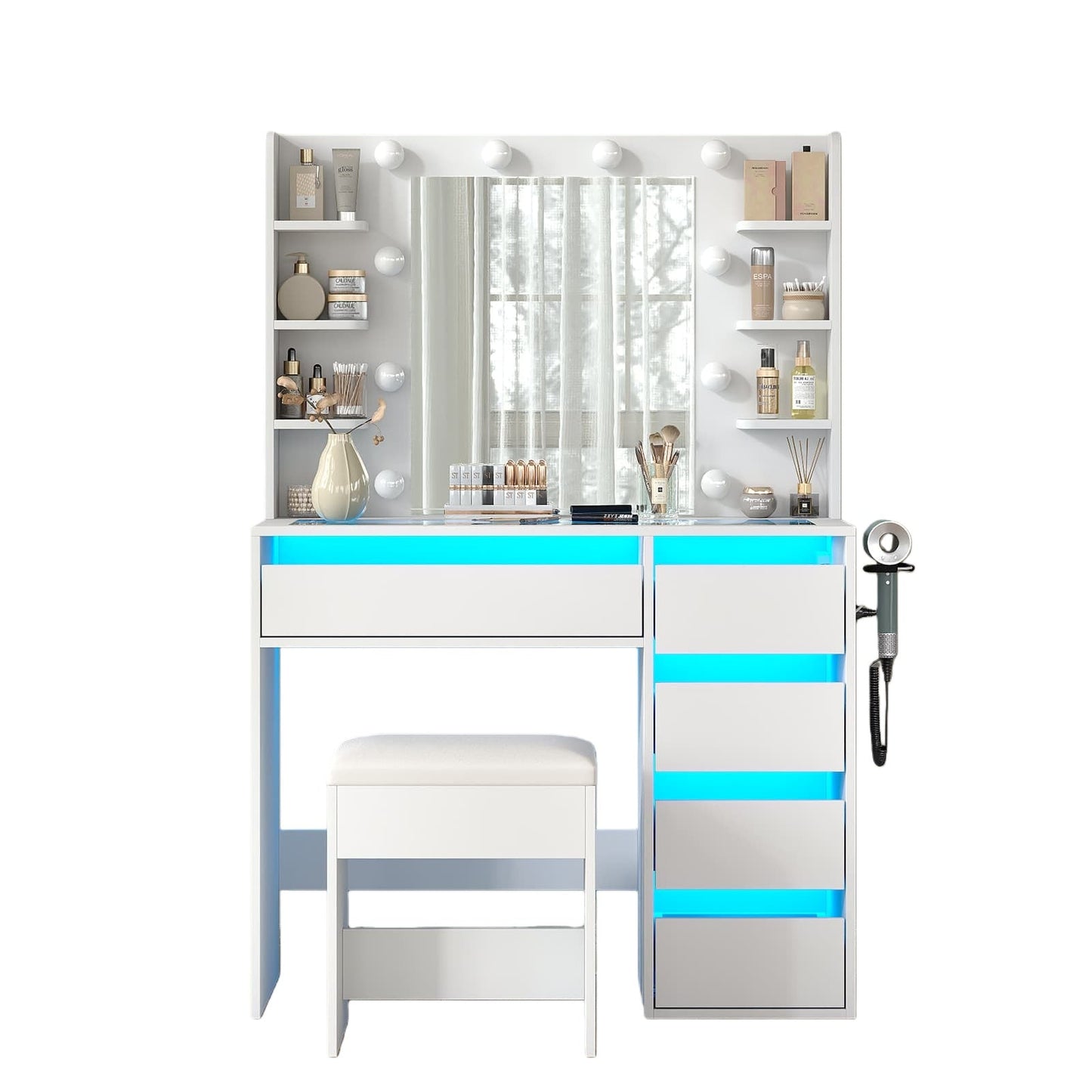 Vanity Desk with Mirror, 3 Lighting Modes, 5 Drawers, Glass Top - Vektaya