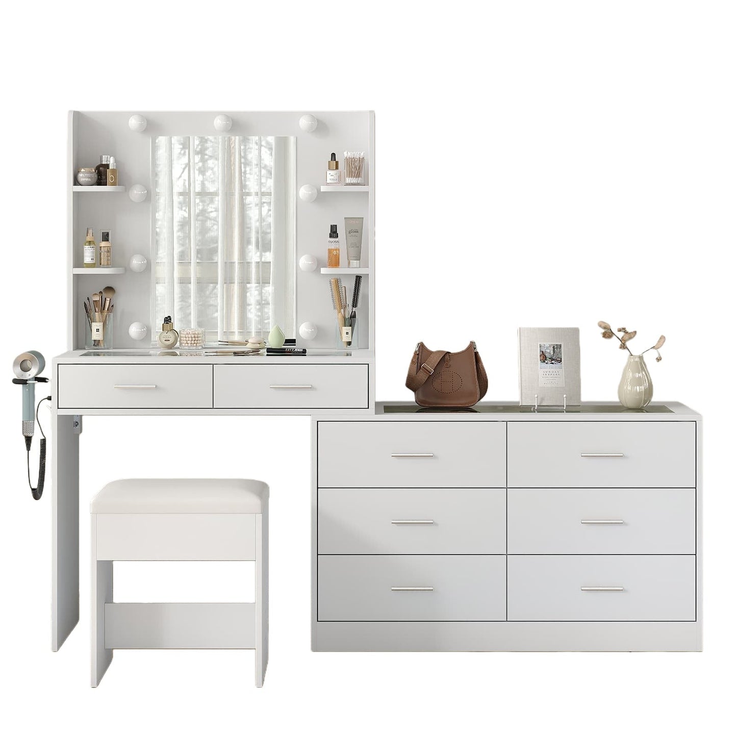 8-Drawer Mirror Vanity Desk - Vektaya