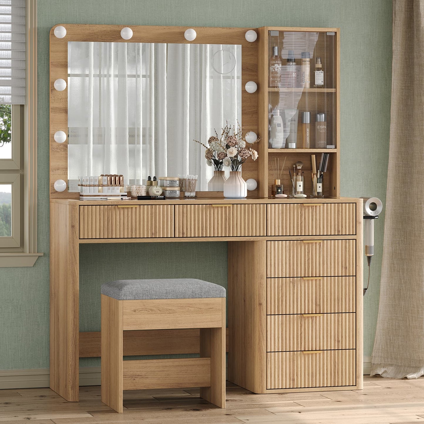 7-Drawer LED Mirror Vanity Desk - Vektaya