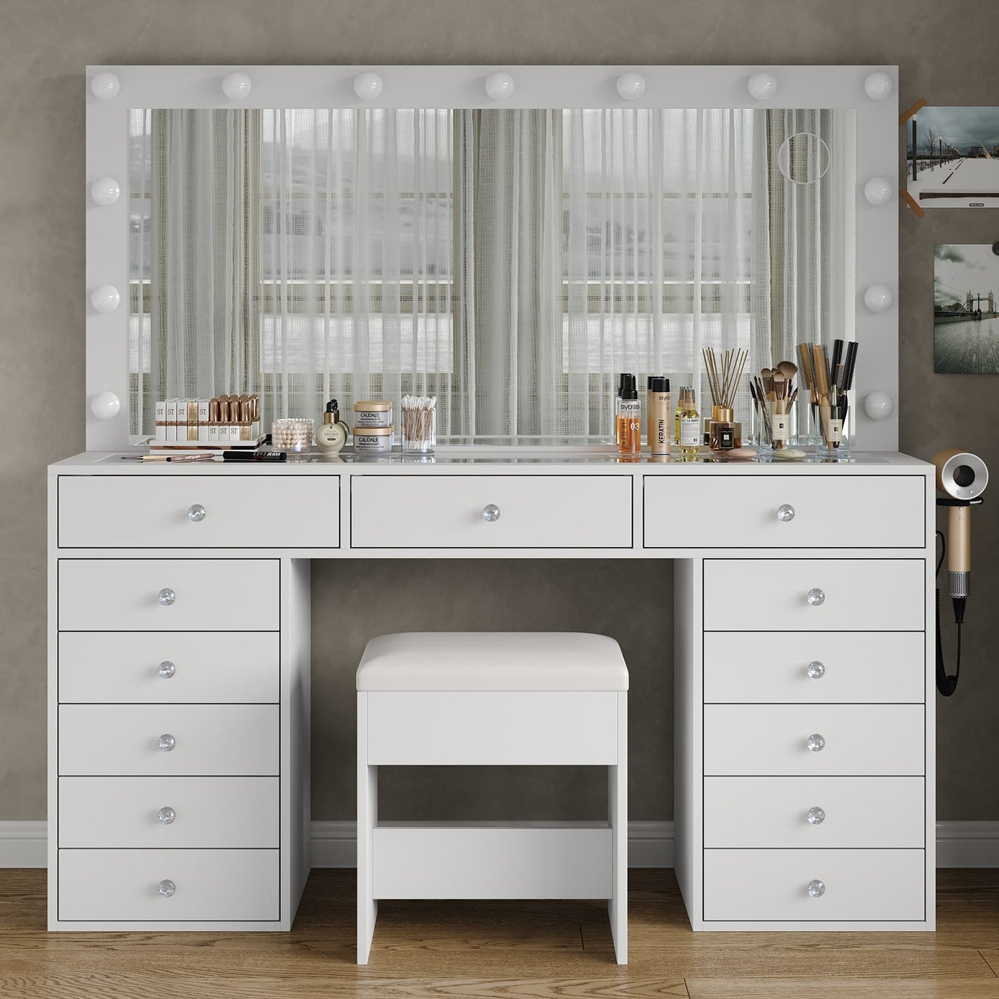 13-Drawer LED Mirror Vanity Desk - Vektaya