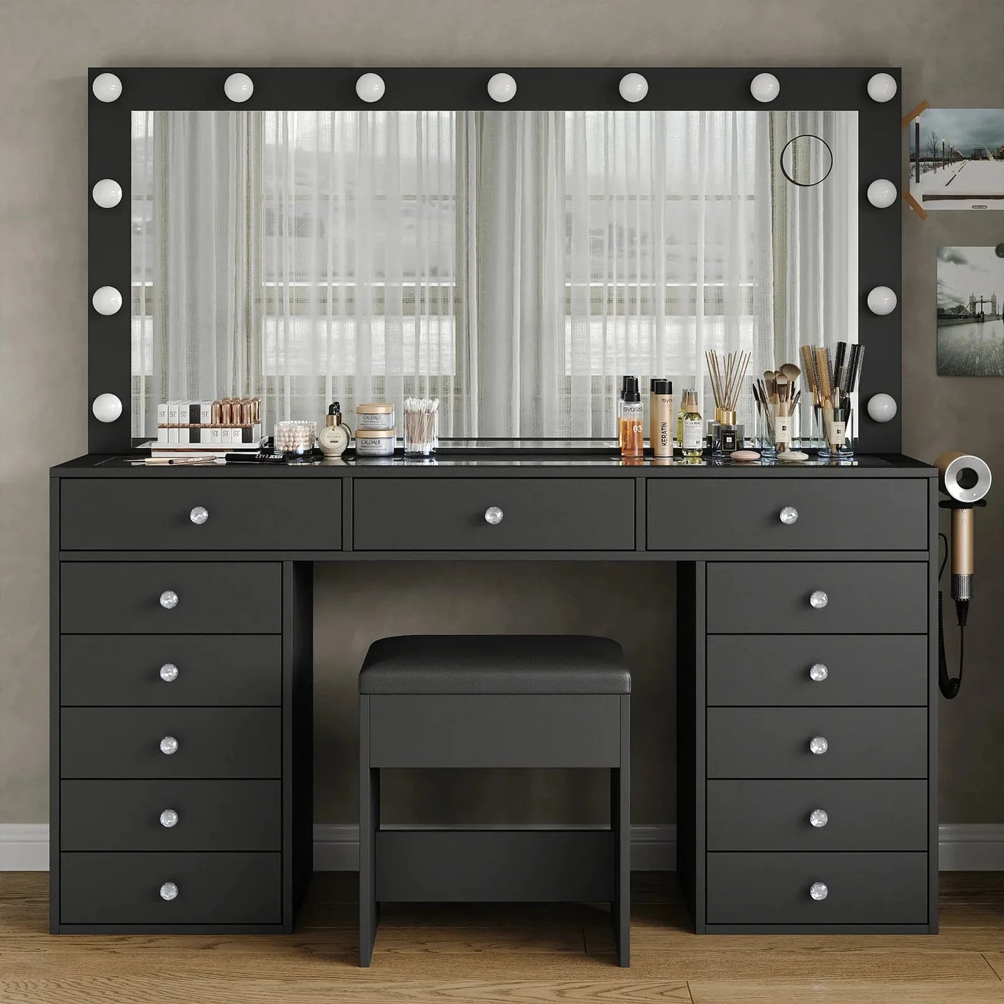 13-Drawer LED Mirror Vanity Desk - Vektaya