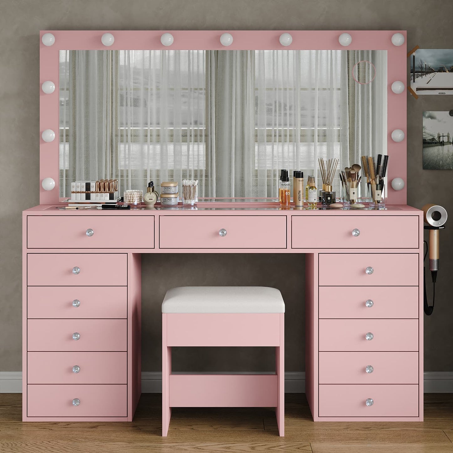 13-Drawer LED Mirror Vanity Desk - Vektaya