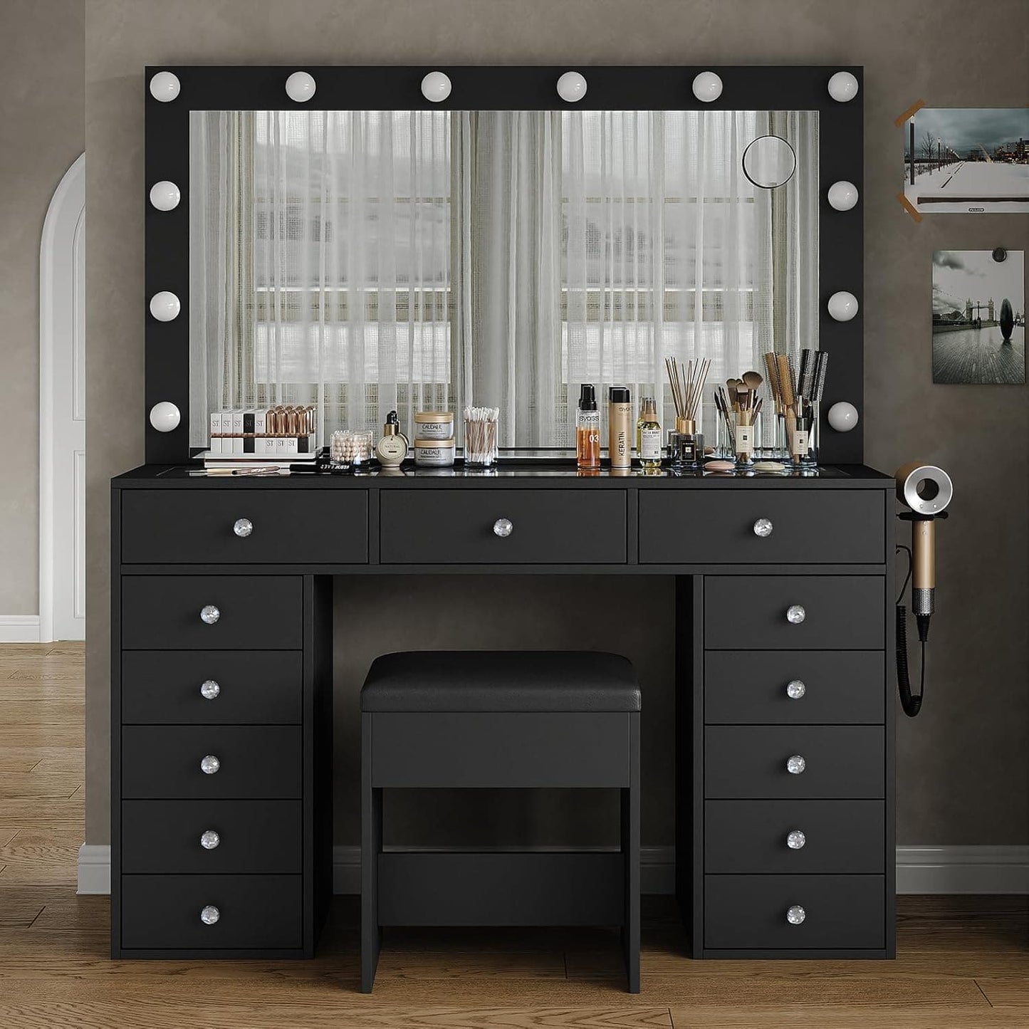13-Drawer LED Mirror Vanity Desk - Vektaya