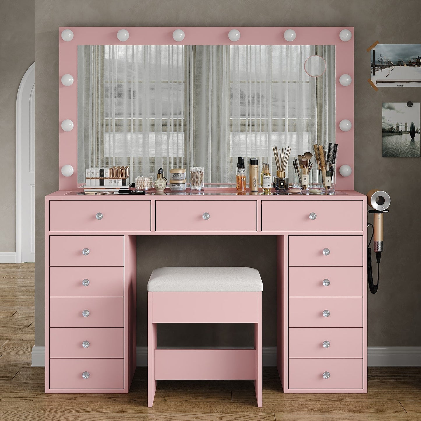 13-Drawer LED Mirror Vanity Desk - Vektaya