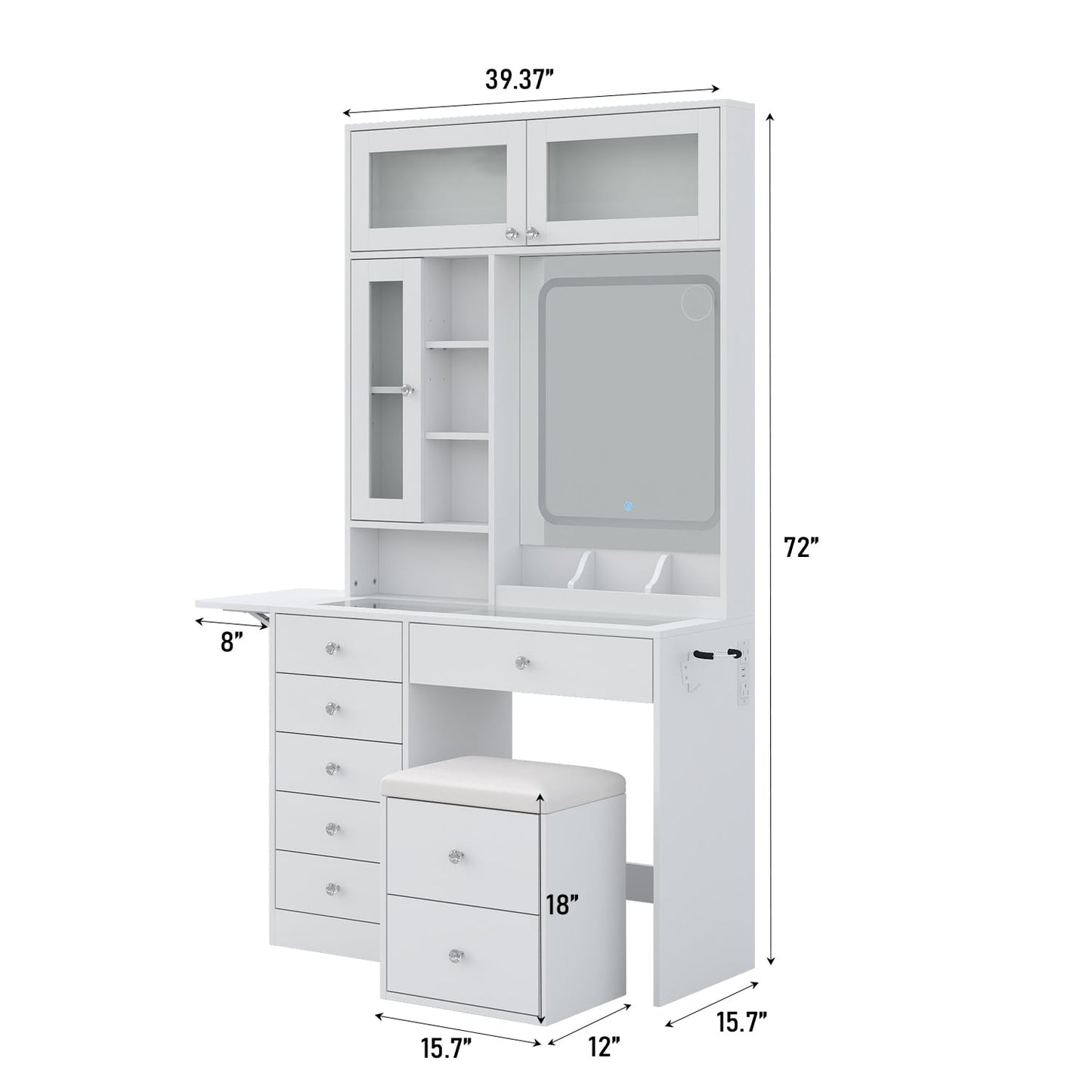LED Mirror Vanity Desk with Stool White - Vektaya