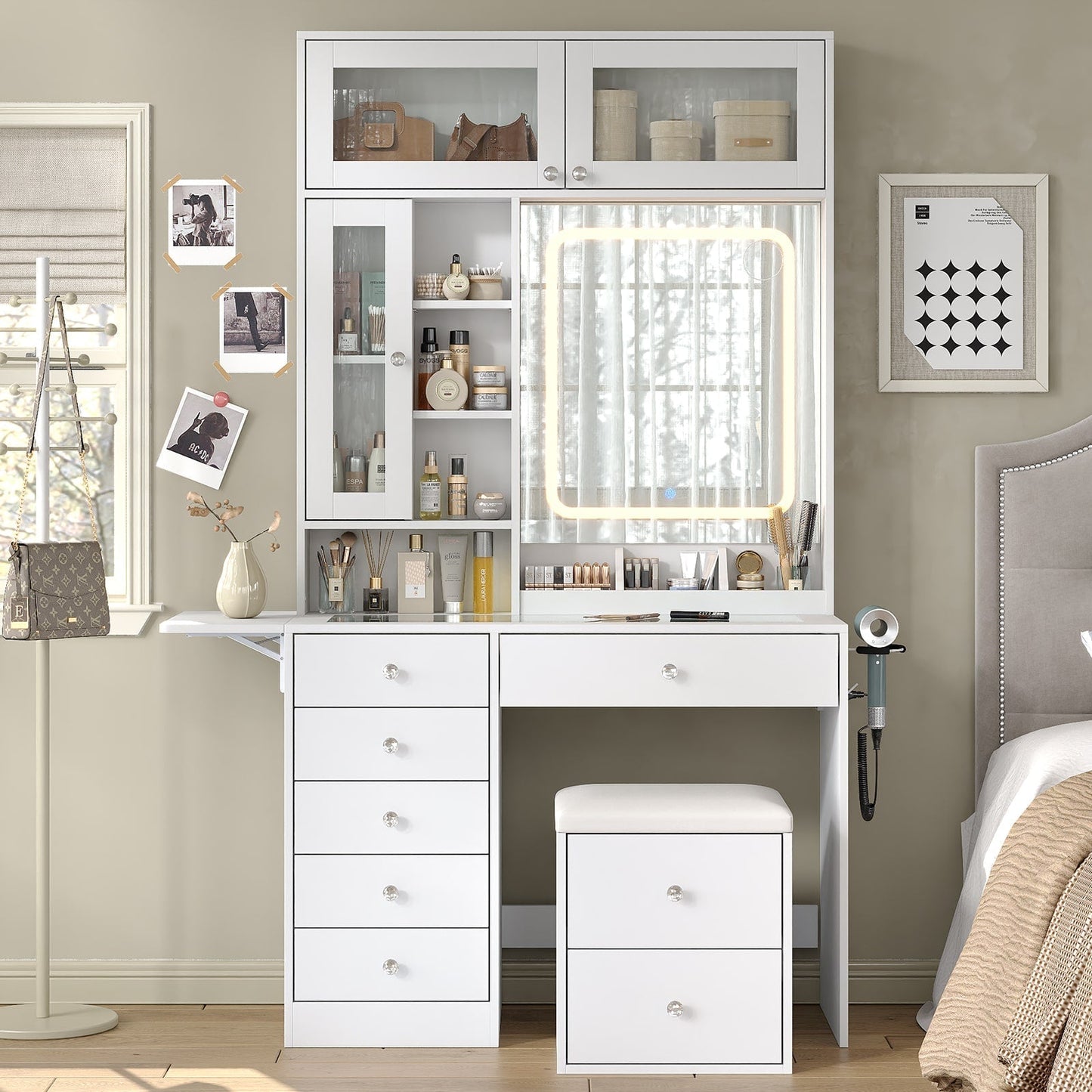 LED Mirror Vanity Desk with Stool White - Vektaya