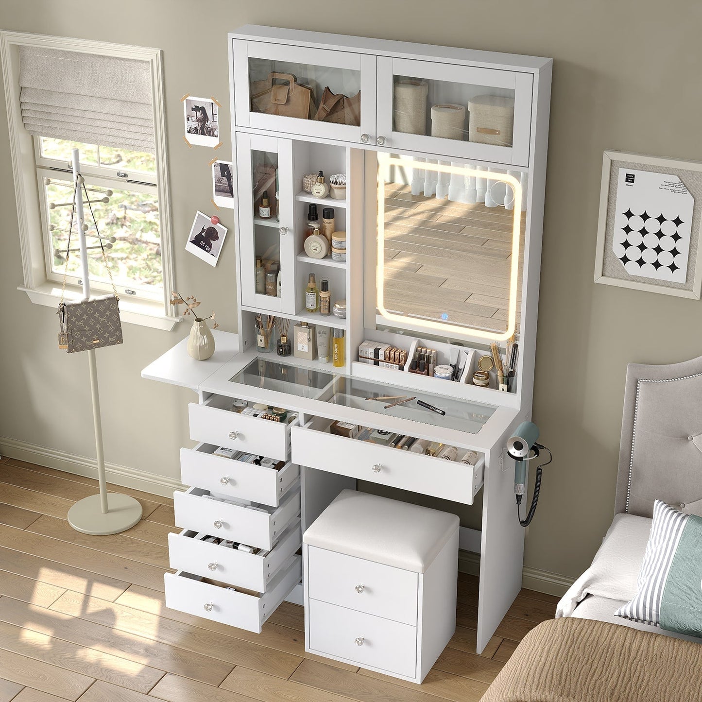 LED Mirror Vanity Desk with Stool White - Vektaya