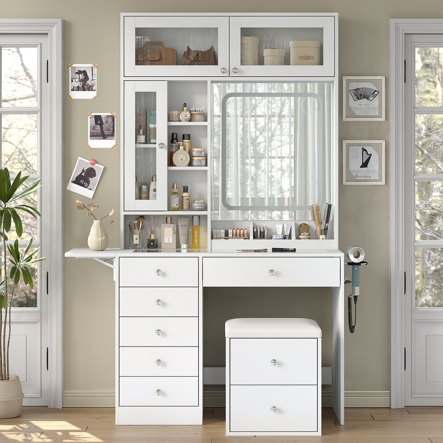 LED Mirror Vanity Desk with Stool White - Vektaya