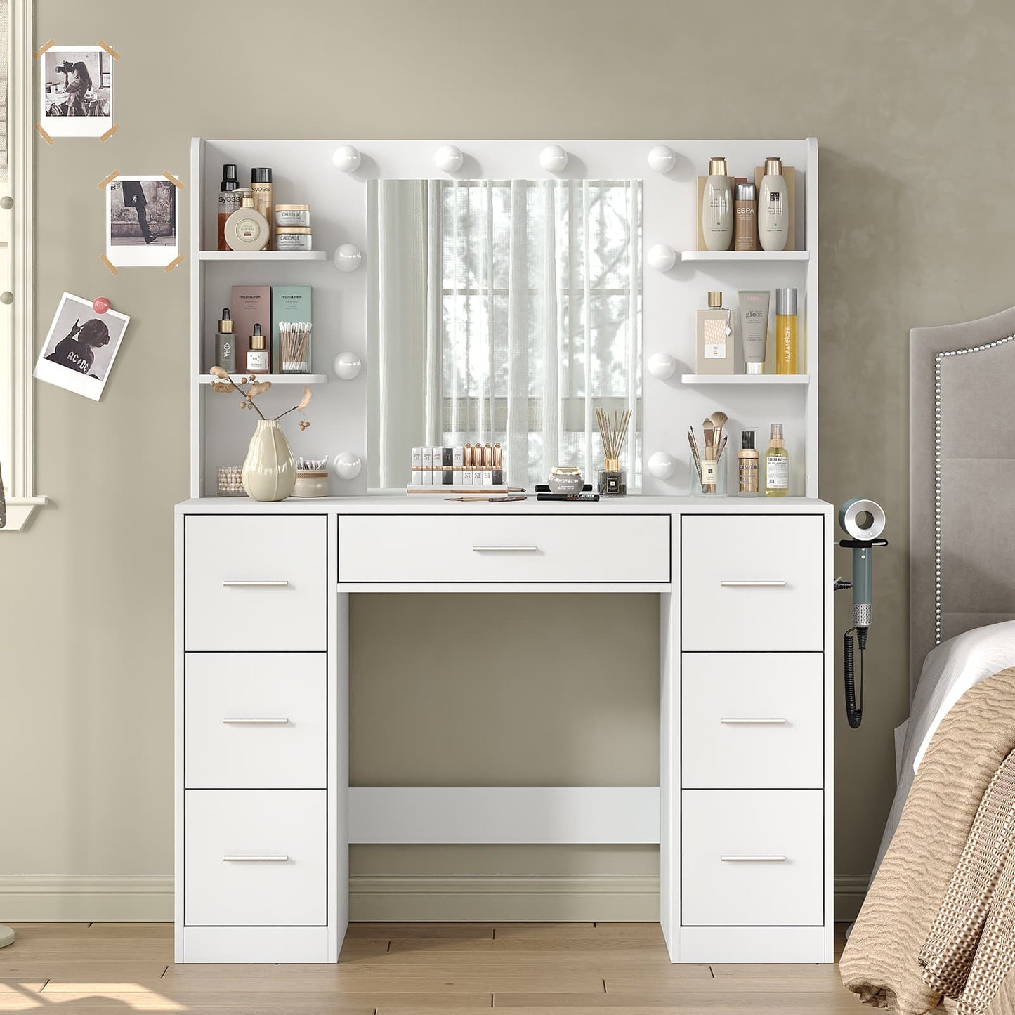 7-Drawer LED Mirror Vanity Desk with Charging Station - Vektaya