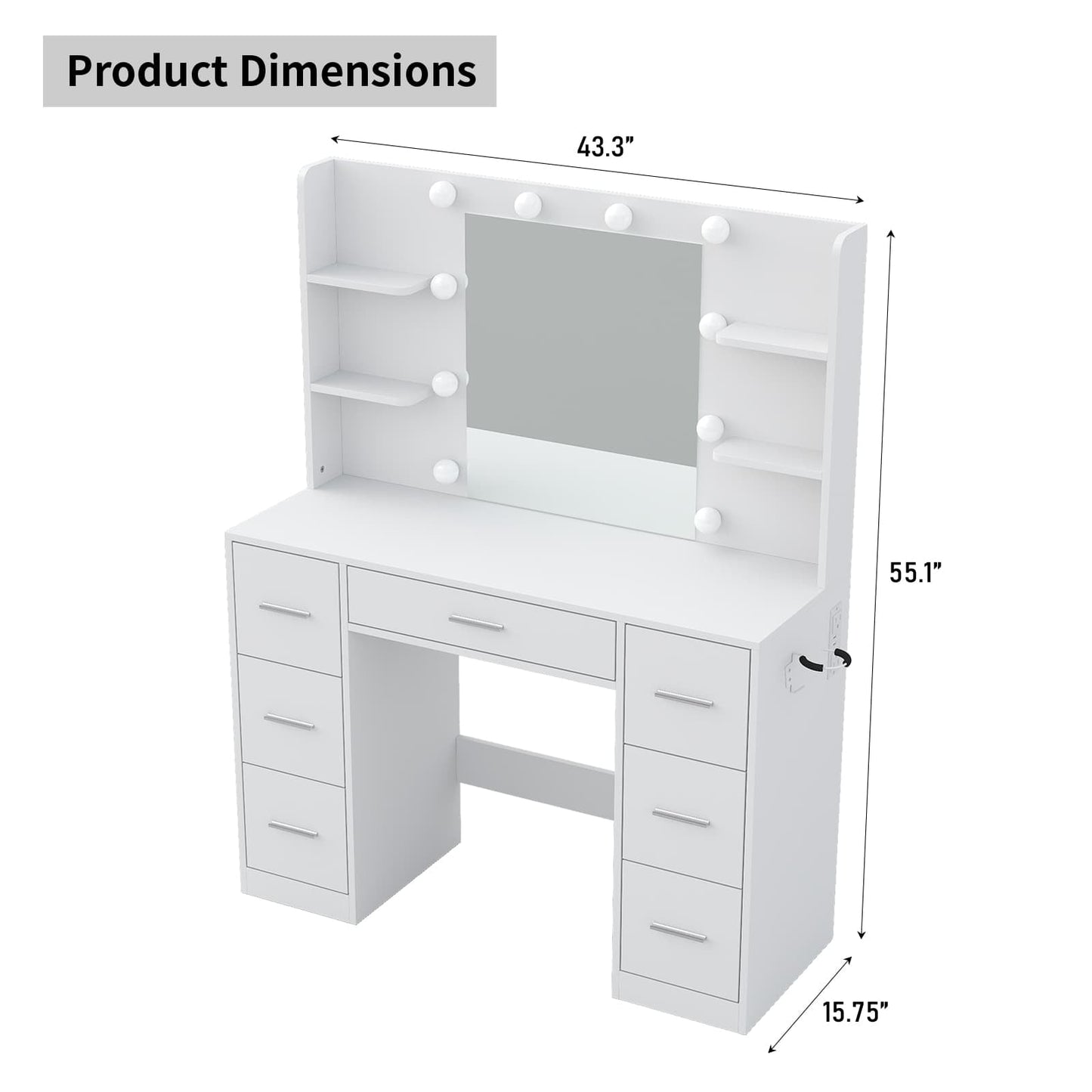 7-Drawer LED Mirror Vanity Desk with Charging Station - Vektaya