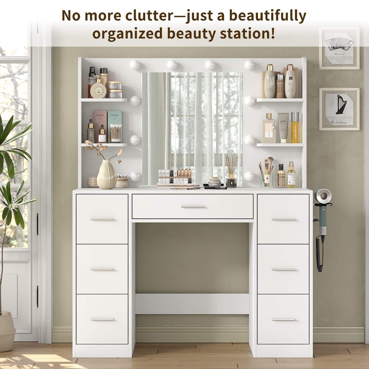 7-Drawer LED Mirror Vanity Desk with Charging Station - Vektaya