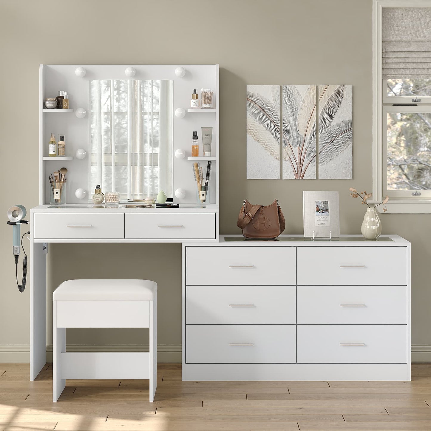 8-Drawer Mirror Vanity Desk - Vektaya