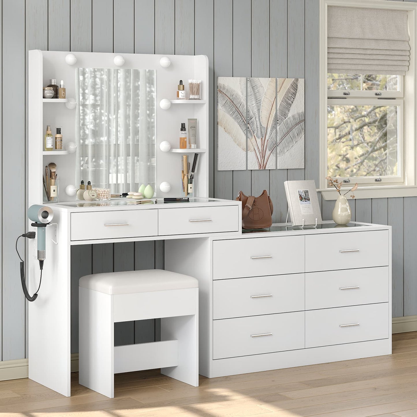 8-Drawer Mirror Vanity Desk - Vektaya