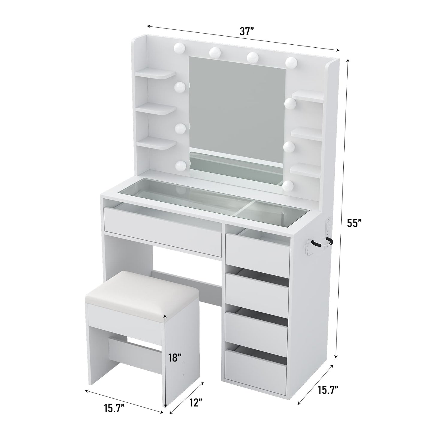Vanity Desk with Mirror, 3 Lighting Modes, 5 Drawers, Glass Top - Vektaya