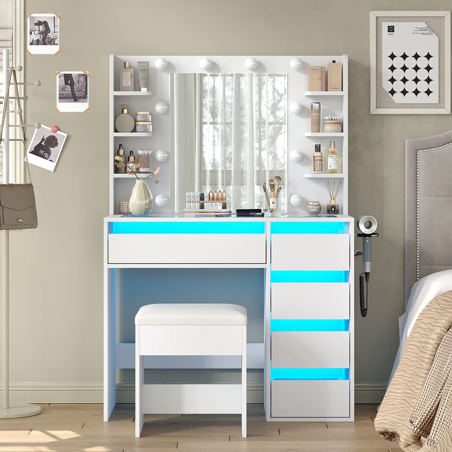 Vanity Desk with Mirror, 3 Lighting Modes, 5 Drawers, Glass Top - Vektaya