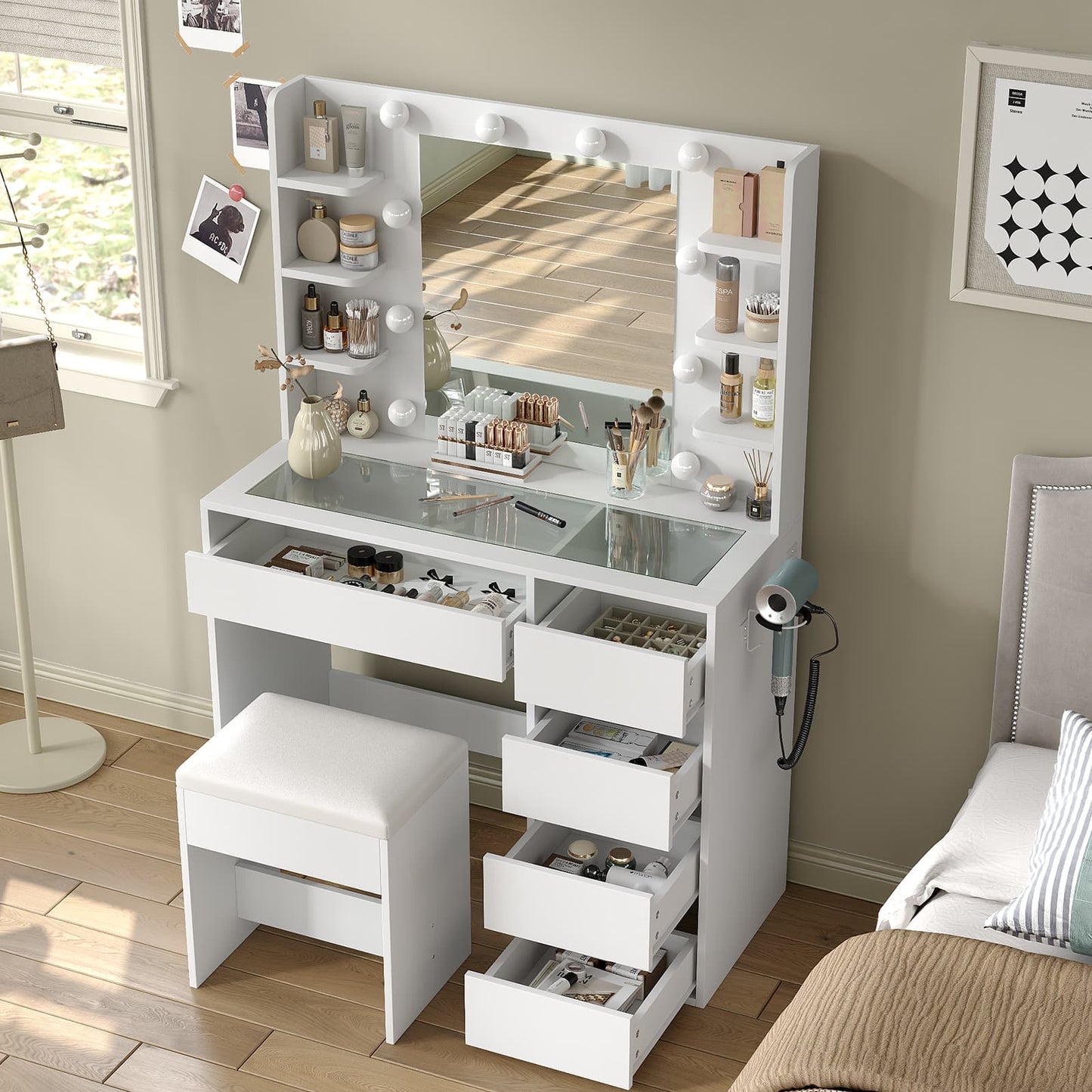 Vanity Desk with Mirror, 3 Lighting Modes, 5 Drawers, Glass Top - Vektaya