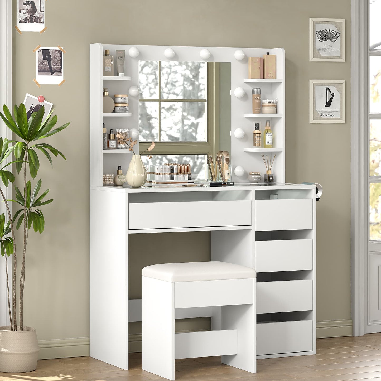 Vanity Desk with Mirror, 3 Lighting Modes, 5 Drawers, Glass Top - Vektaya